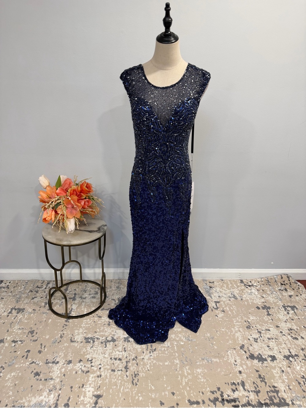 Primavera Midnight Navy Heavily Beaded Sequin Embellished Sleeveless Formal Gown